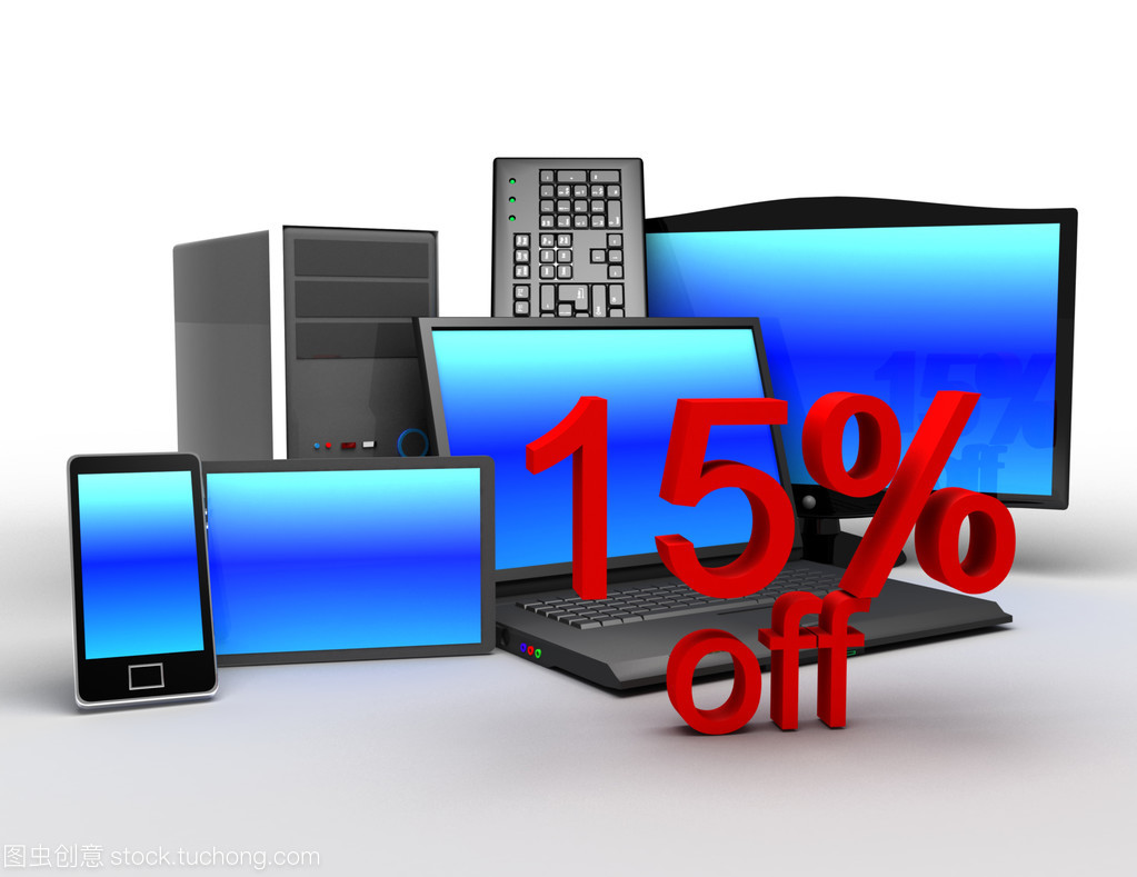 3d 電子產品概念。電子銷售 15%的折扣的概念
